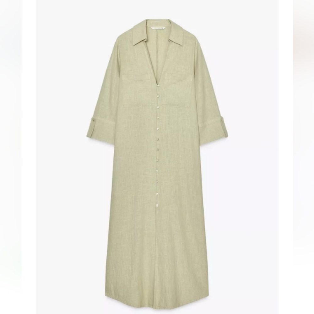 Zara Linen Light Khaki Long Tunic Shirt Dress Sz-L - Picture 6 of 11